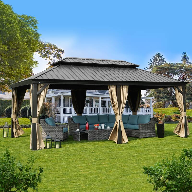 Kozyard Alexander Hardtop Aluminum Gazebo with Mosquito Net and Privacy Curtain