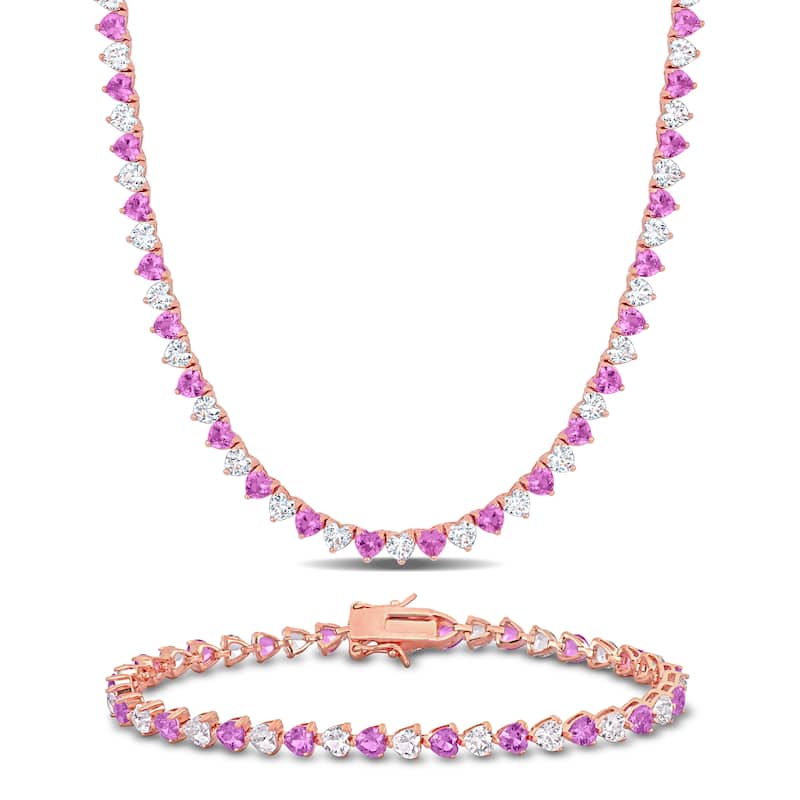 Miadora 43 1/5ct TGW Created Pink and White Sapphire Tennis Necklace and Bracelet Set Rose Plated Silver