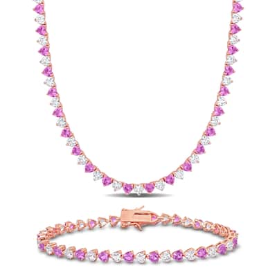 Miadora 43 1/5ct TGW Created Pink and White Sapphire Tennis Necklace and Bracelet Set Rose Plated Silver