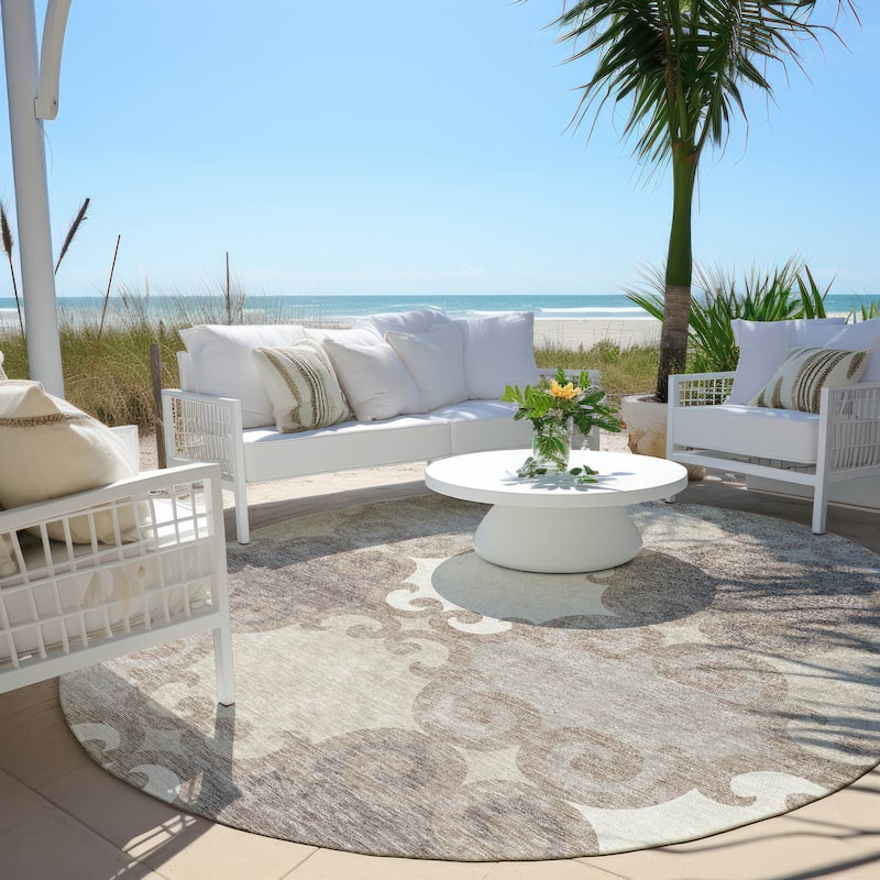 Machine Washable Indoor/ Outdoor Chantille Scroll Rug - Taupe - 8' x 8'