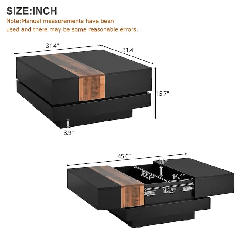 Roomfitters Modern Square Coffee Table with Sliding Top, High Gloss Center Table with Hidden Storage for Living Room, Black
