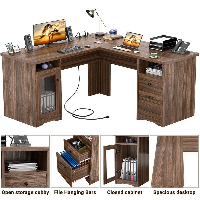 Modern Farmhouse L-Shape Desk with File Cabinet and Drawers, Homer Office Executive Desk with Charge Station