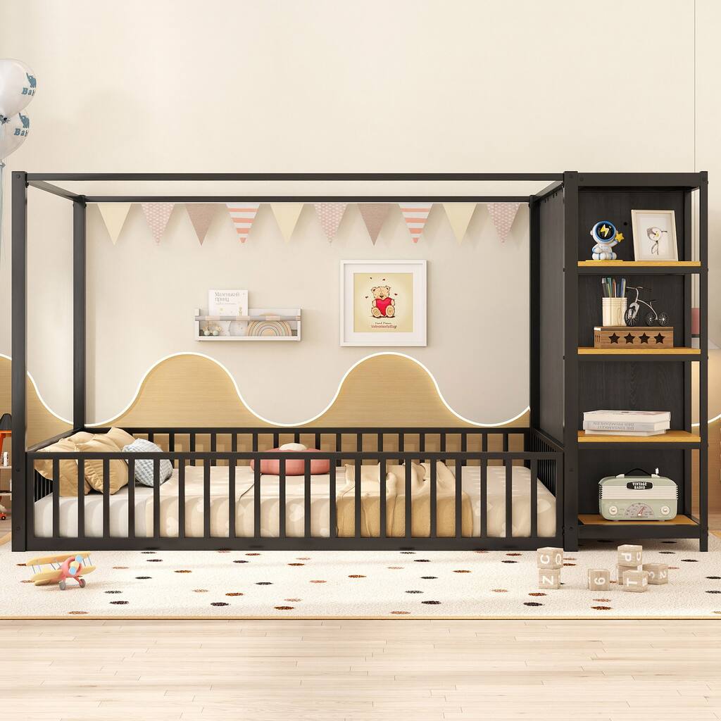 Kids Canopy Bed without Slats, Full Size Floor Bed & Wardrobe Set of 2 with Fence, Storage Cabinet with Clothes Rail and Shelves