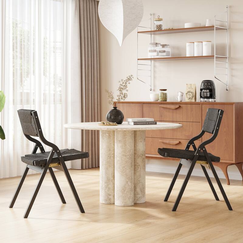 Set of 2 Wood Folding Dining Chairs with Woven Seat & Back