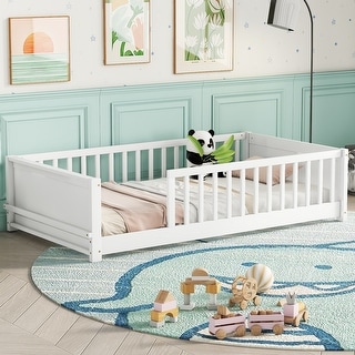 Twin Size Floor Platform Bed with Built-in Book Storage Rack, White