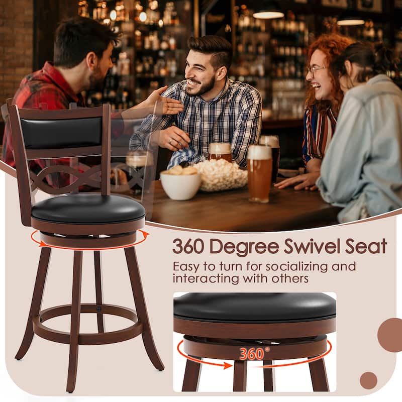 Gymax 24 Inch Bar Stools Set of 2 w/ Rubber Wood Frame Faux Leather