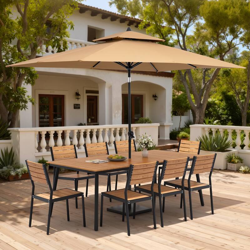 11PC Outdoor Patio Dining Set Aluminum Table with Stackable Chairs w/ Market Umbrella Set - BrownTable&BrownChairs&TanUmbrella