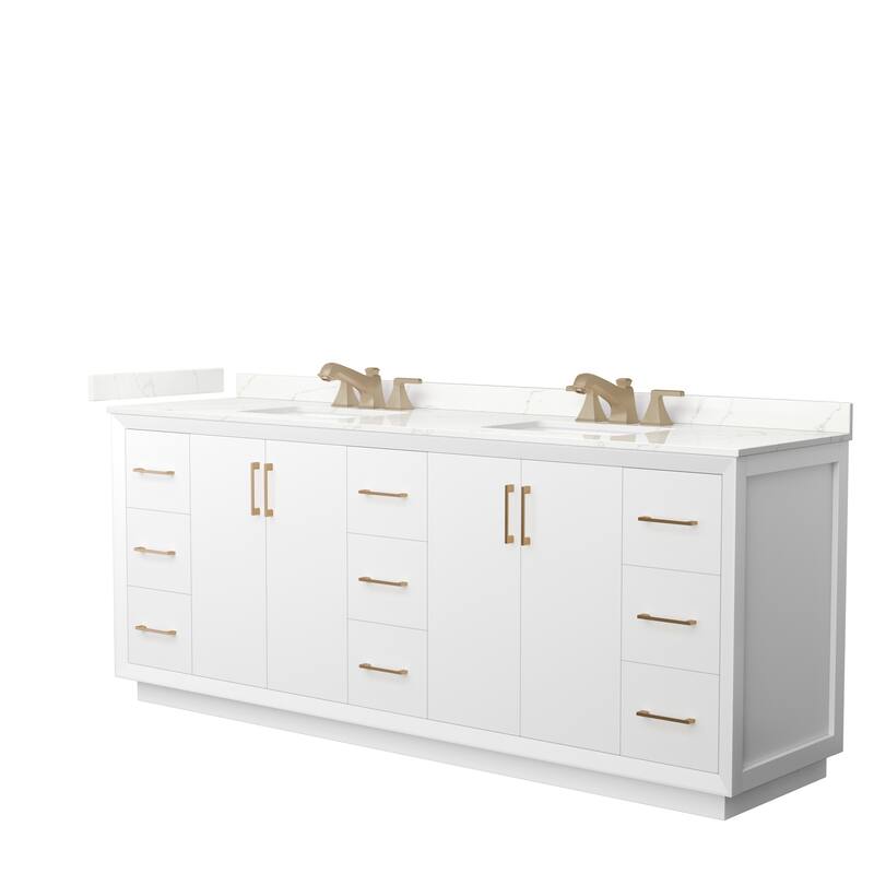 Strada 84-inch Double Vanity, Quartz Top - White, Bronze Trim, Giotto Quartz Top