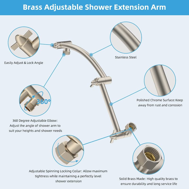 16" Solid metal Adjustable Shower Head Extension Arm with Lock Joint