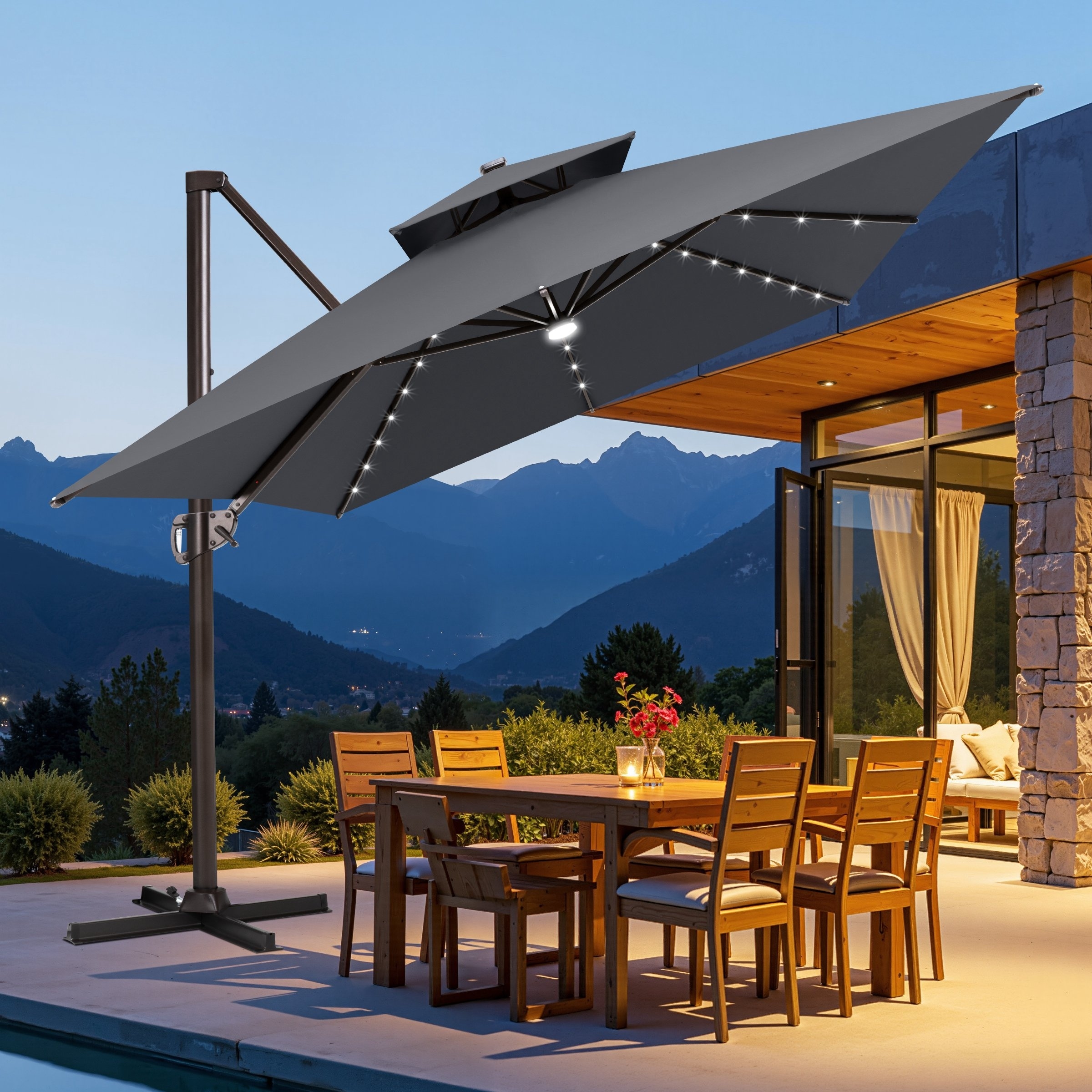 best cantilever patio sun umbrellas with led lights Rotihom 11FT Solar Powered Light Umbrella Base Included, Large Cantilever Umbrella with 360°Rotation, Heavy-Duty Offset Outdoor Umbrella for Patio,Pool,Backyard (Champagne) : Patio, Lawn & Garden C charging port 9 X 11 ft Outdoor