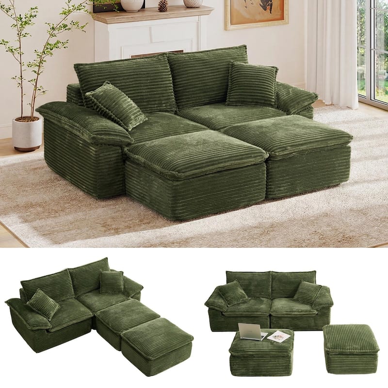 Rossetta 2-Seat Oversized Personalized Corduroy Soft Modular No Assembly Sofa with 2 Movable Ottoman - Green