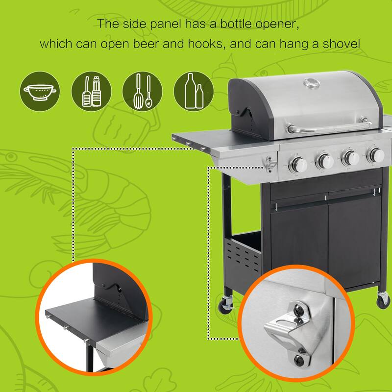 Propane Grill, Stainless Steel BBQ Grill with Side Burner and 4 Burner