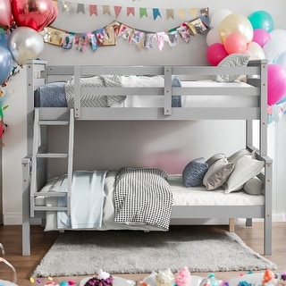 Twin Over Full Solid Wood Bunk Kids Bed Frame with Ladder, Safety Guardrail, Convertible Design for Bedroom, Easy Assembly, Grey