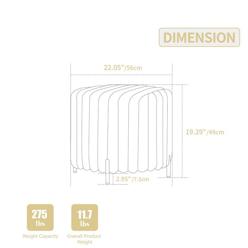 22.05" Upholstered Round Ottoman with Metal Legs for Bedroom