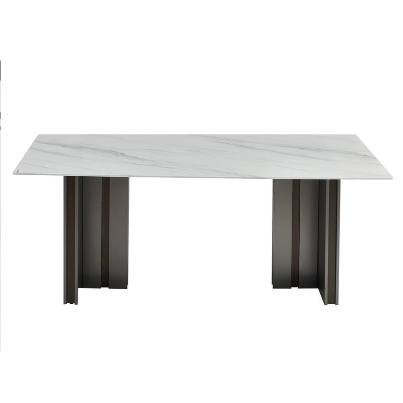 69 Inch Rectangular Dining Table with Marble Texture Glass Top for 4-6 People