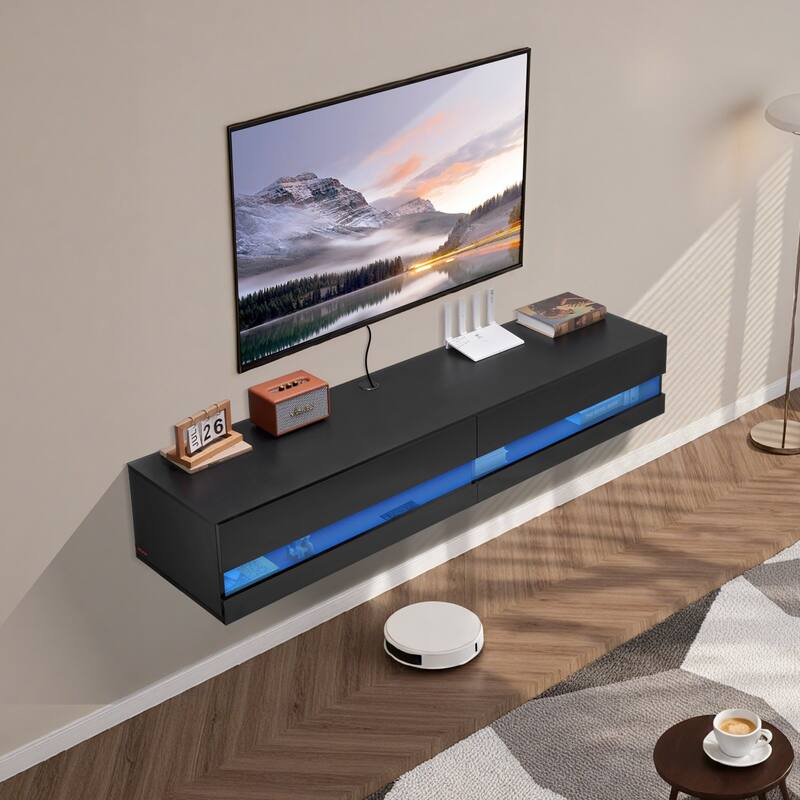 Floating TV Stand, 71 in Wall Mount Entertainment Center with Power Outlet & LED Lights, Modern Floating TV Shelf with 2 Drawers