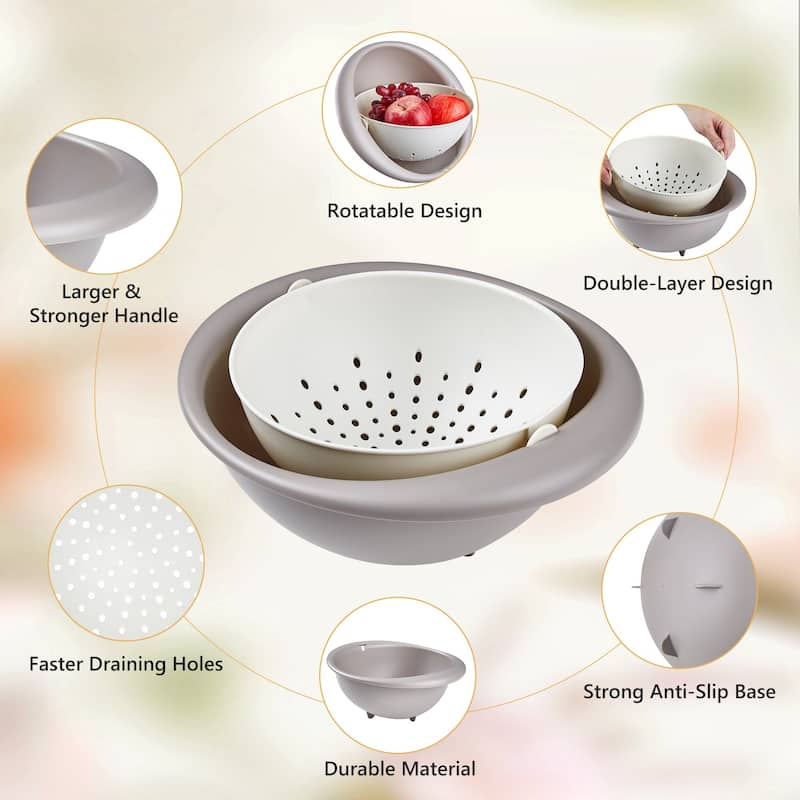 Round Kitchen Colander Set with Bowl Strainer, 2 in 1 BPA Free Plastic Fruit Vegetable Washing Food Strainers