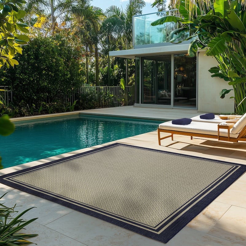 Gertmenian Paseo Soroa Navy Blue Classic Border Flatweave Indoor/ Outdoor Area Rug