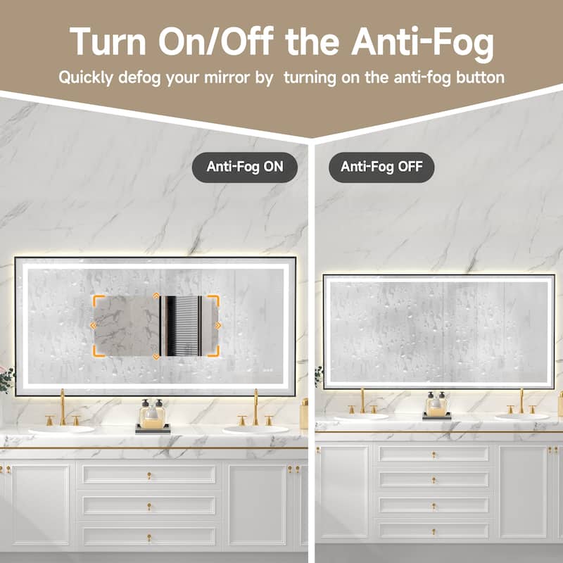 Black-Silver Glass LED Vanity Mirror with Defog, Touch Control and Dual Lighting - 72" W x 36" H