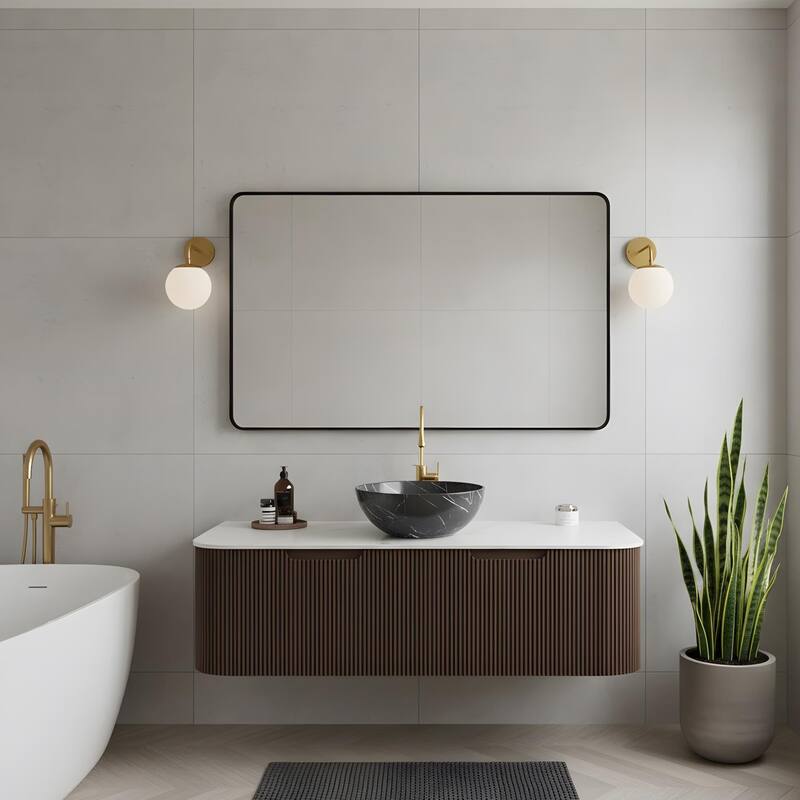 Wall Mounted Bathroom Vanity with Black Bowl Ceramic Basin - 48 - Dark Walnut