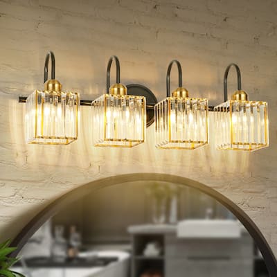 3/4-Light Mid-Century Modern Black and Gold Bathroom Vanity Light Cylinder Crystal Wall Sconces Lighting