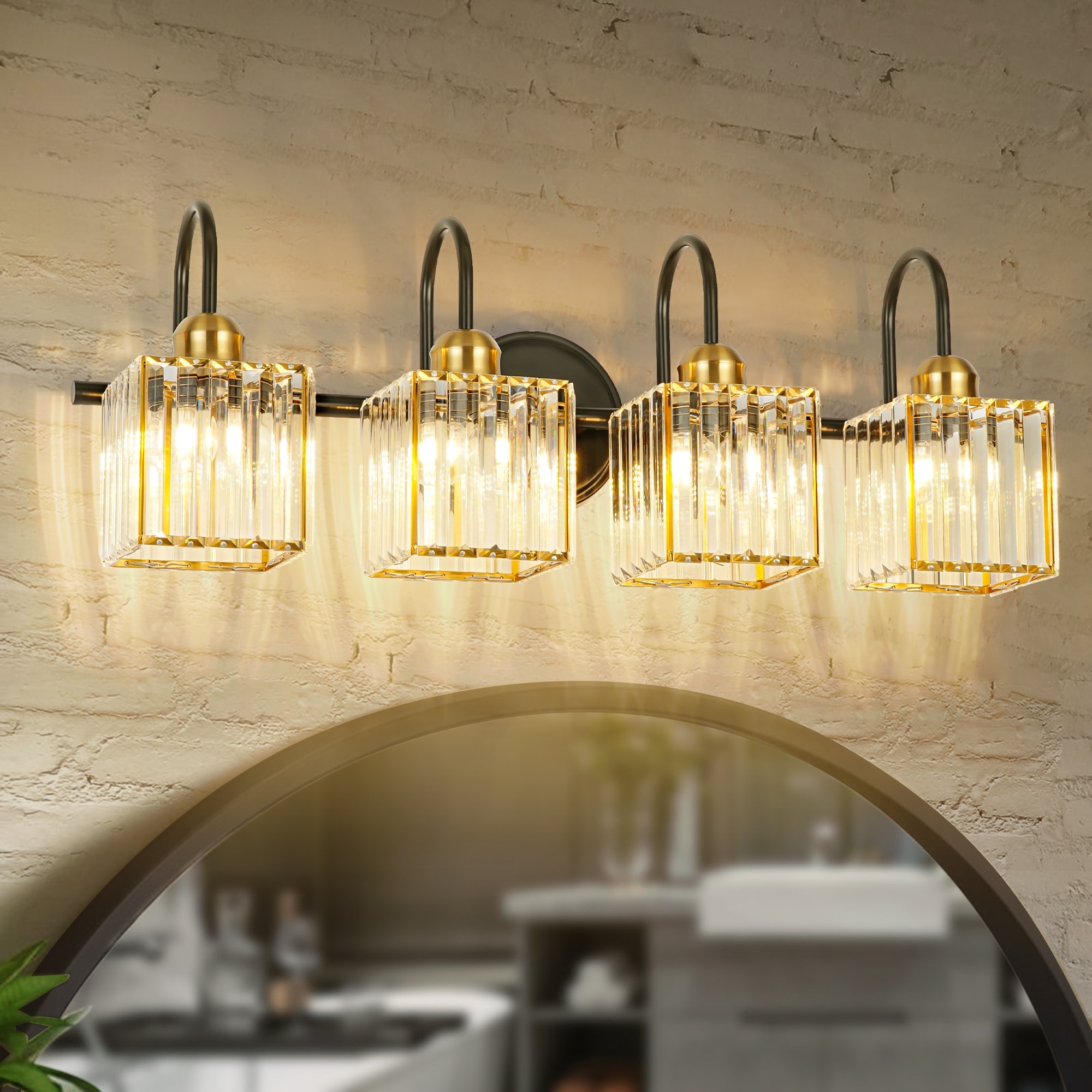 Rennnsan 3/4-Light Mid-Century Modern Black and Gold Bathroom Vanity Light Cylinder Crystal Wall Sconces Lighting