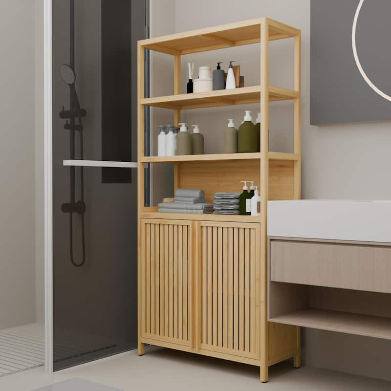 Bamboo Bathroom Cabinet with Drawers, Storage Cabinet with Open Shelves, Accent Cabinet with Magnetic Door