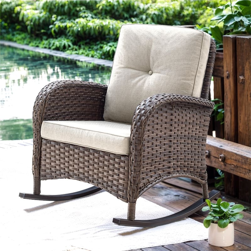 High Back Rocking Chair Outdoor with Cushion - Beige - Brown