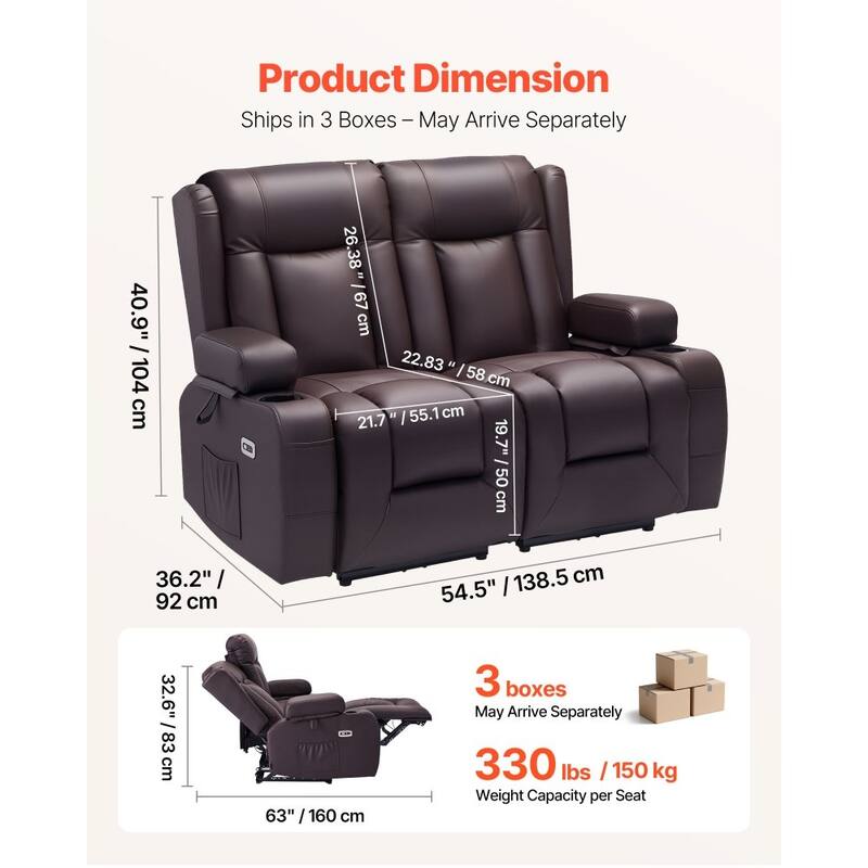 Brown PU Leather Electric Recliner Loveseat with Massage, Heat and USB Ports - 54.5 x 36.2 x 40.9 in
