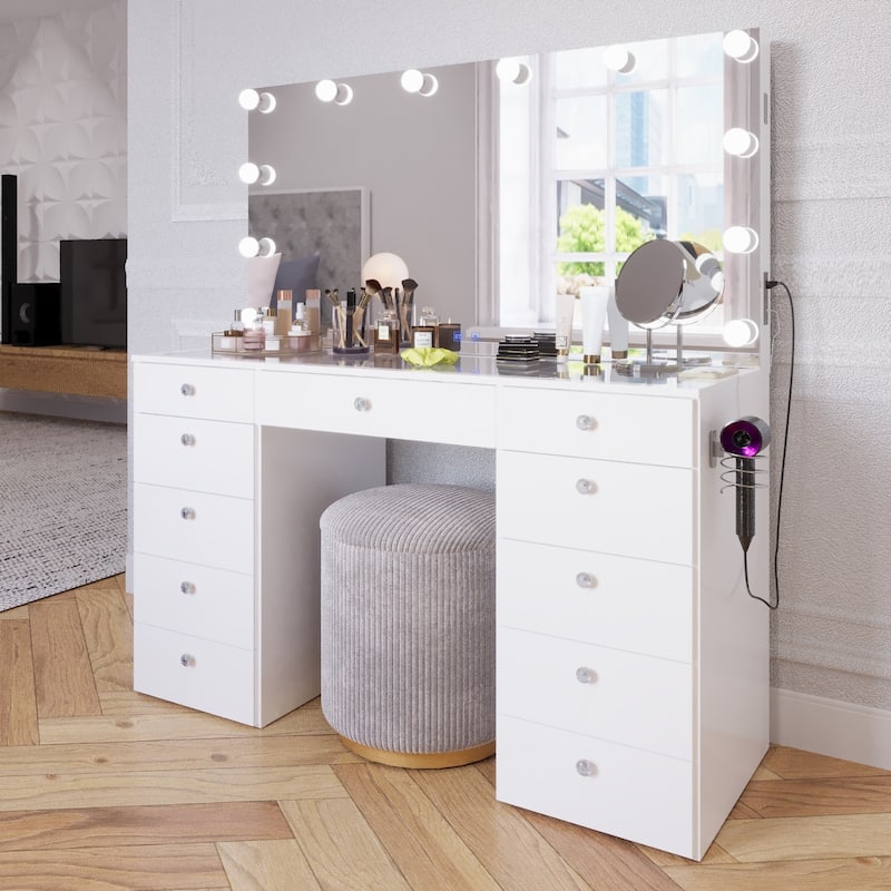 Makeup Vanity Desk, Glass Top, 12 LED Lights BT Speakers & 11 Drawers