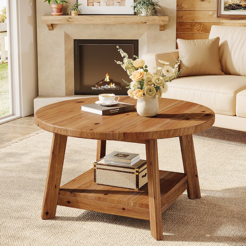 2-tier Solid Wood Round Coffee Table for Living Room - 31.5" D x 31.5" W x 17.7" H