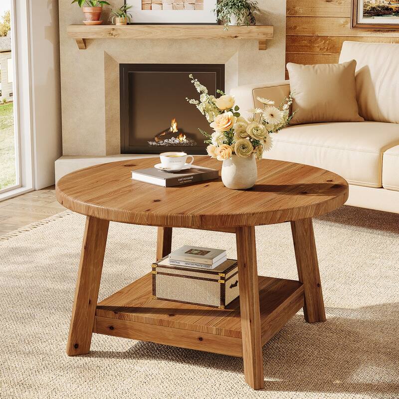 31.5 Inch Solid Wood Round Coffee Table with Storage