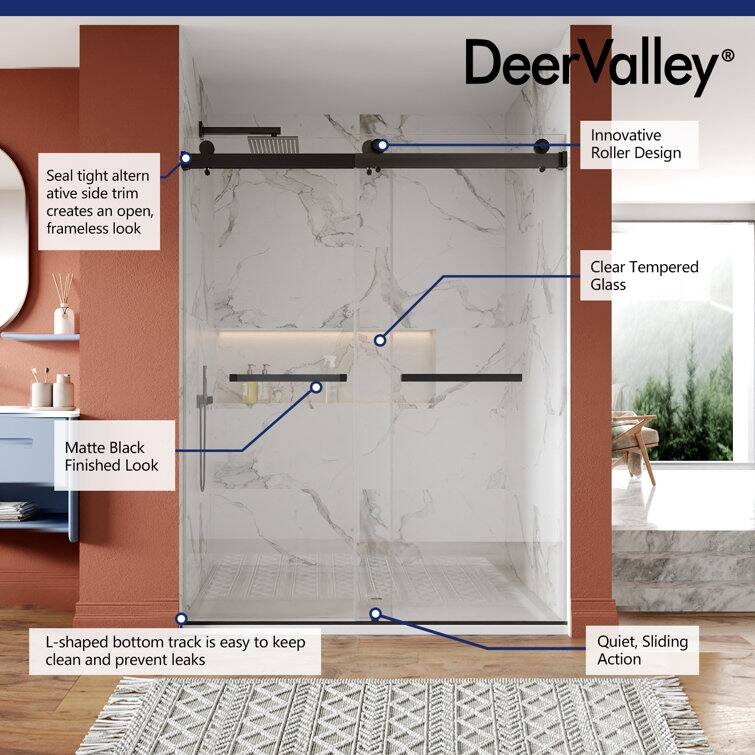 DeerValley 56" - 60" W x 76" H Double Sliding Frameless Shower Enclosure, Stainless Steel Accessories