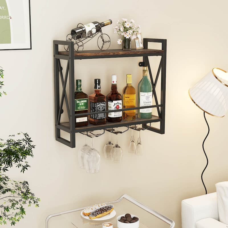 Costway Wall Mounted Wine Rack with 2-Tier Shelves 3 Glass Holders - See Details