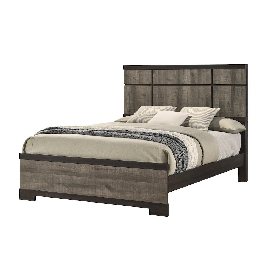 Queen Panel Bed with Gray Ebony Finish, Contemporary Wooden Headboard