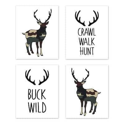 Sweet Jojo Designs Green Beige Rustic Deer Woodland Camo Collection Wall Decor Art Prints (Set of 4) - Crawl Walk Hunt