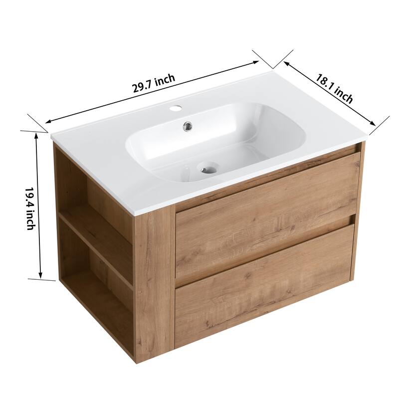 Modland 30" Wall-Mount Vanity with Gel Sink & Soft-Close Drawers - Adjustable Shelf, Brown/Imitative Oak - 30 Inch