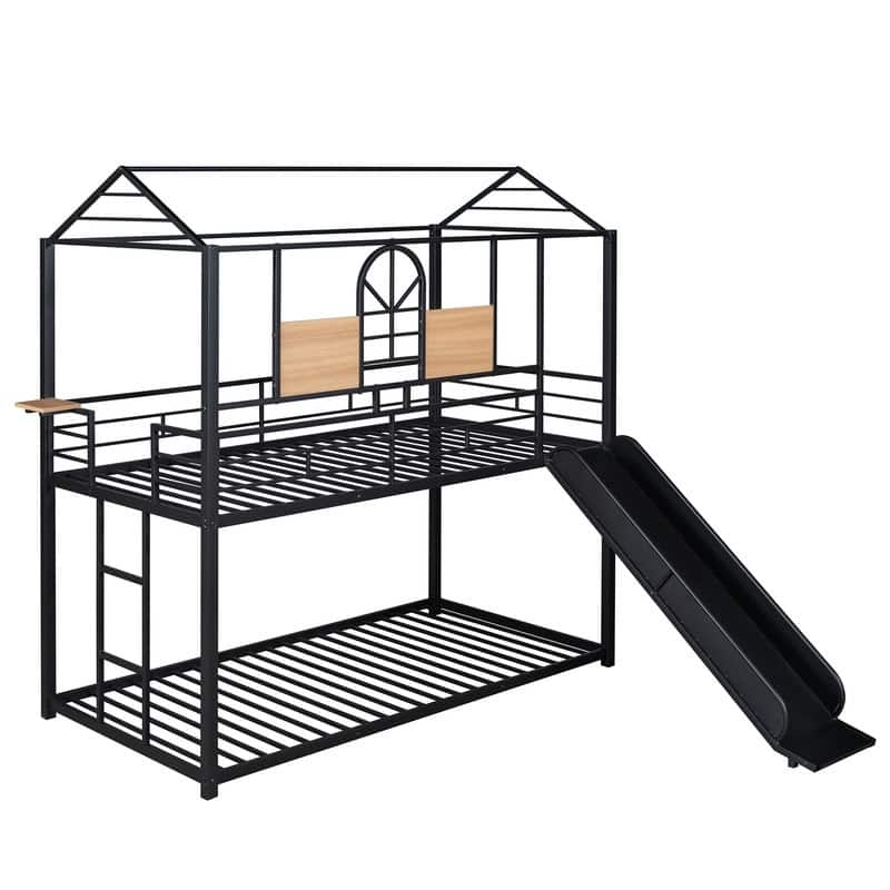 Industrial Modern Style Twin Over Twin Metal House Bunk Bed With Slide