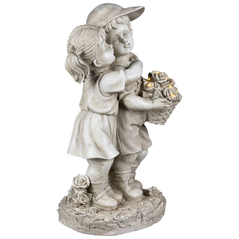 Solar Lighted Hugging Girl and Boy Outdoor Garden Statue - 16"