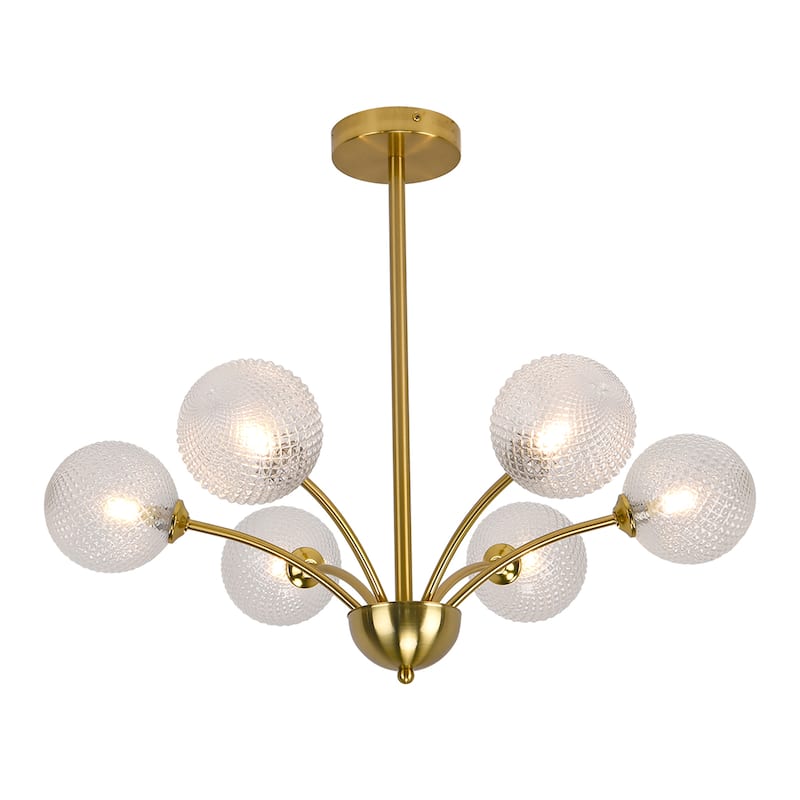 6 - Light Polished Brass Chandelier, Hand crafted Textured Glass Globes - Gold