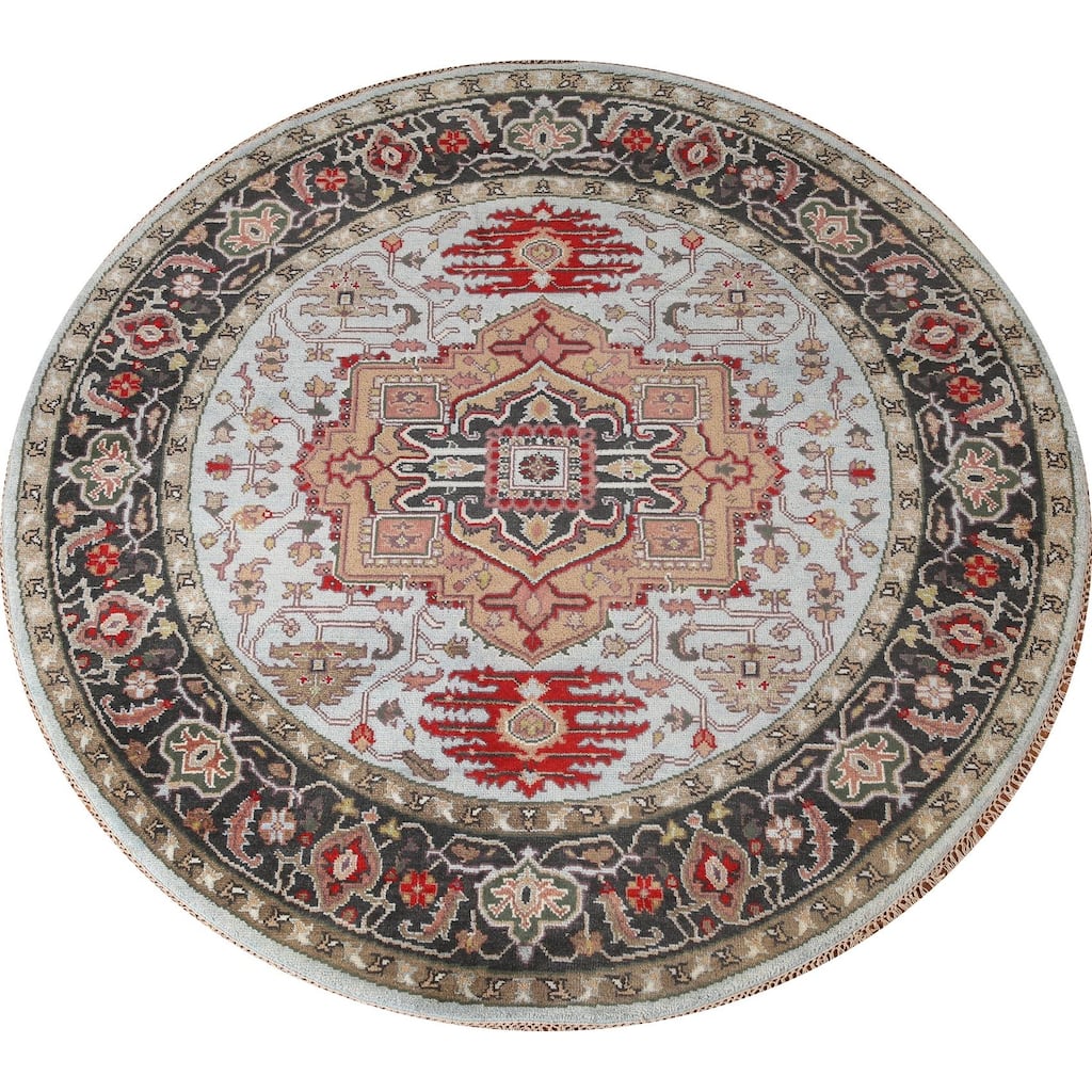 Light Blue Heriz-Serapi Oriental Round Area Rug Handmade Wool Carpet - 7'11"x 7'11"