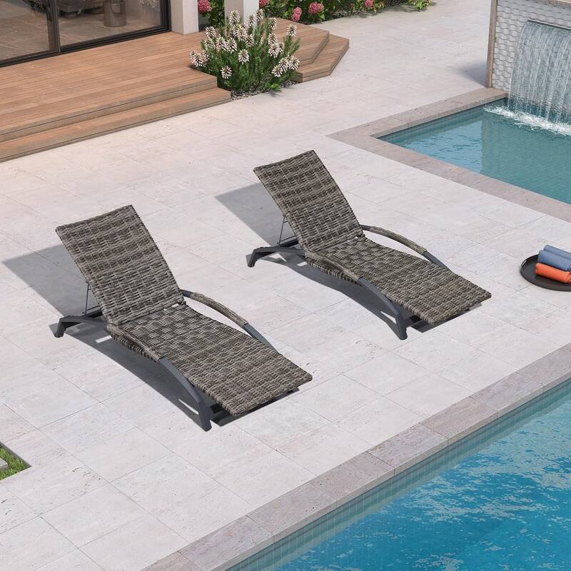 PURPLE LEAF Patio Chaise Lounge Chair Set of 2 Outdoor Lounge Chair with Arm All Weather Adjustable Lounger - Wicker(Light Gray)