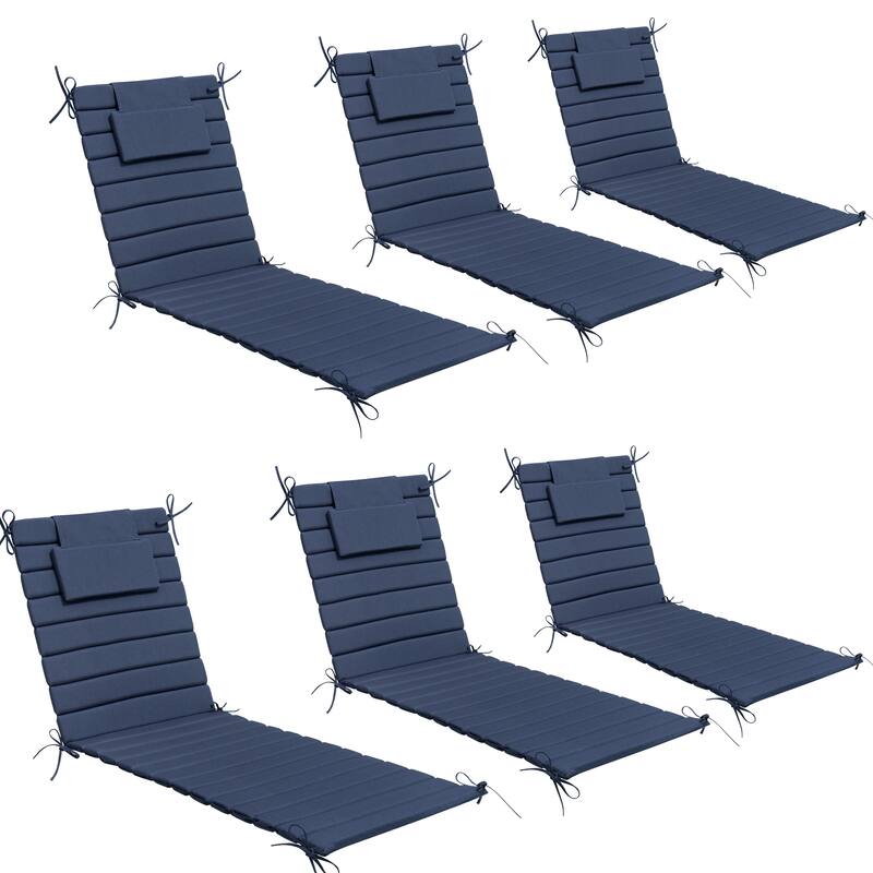 Outdoor Chaise Lounge Cushion Quilted Patio Sun Lounger Pad with Straps - 6PC - Navy Blue, Fits 78"-82" chaise