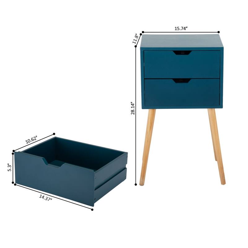 Mid Century Wood Nightstand with 2 Drawers and Pinewood Leg (Set of 2)