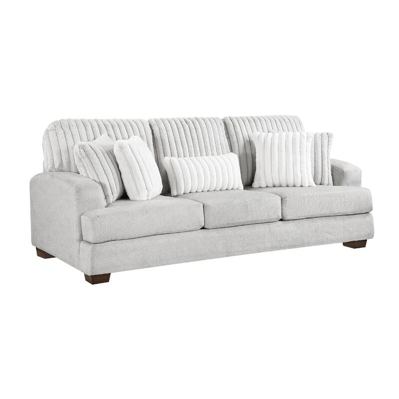 Witz Sofa, 96 Inch, 5 Pillows, Ribbed Texture Light Gray Corduroy