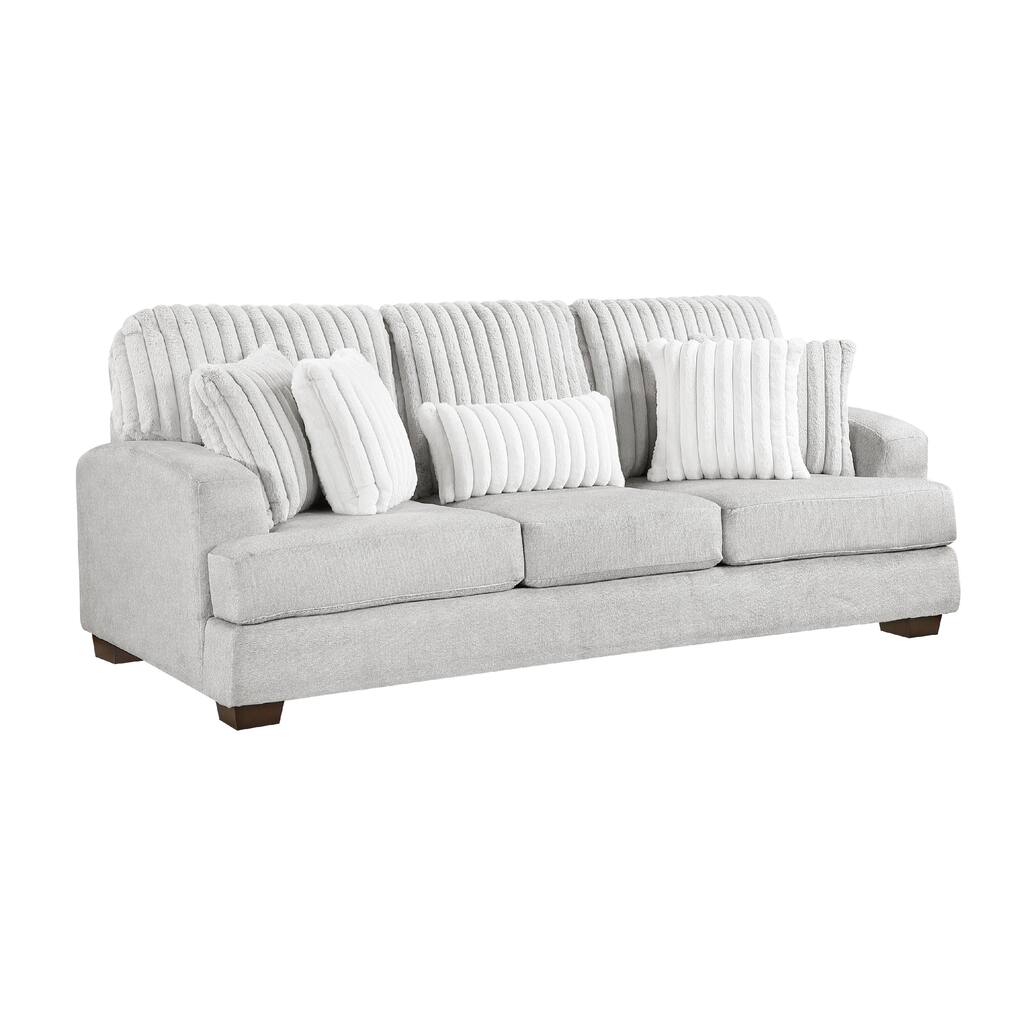 Witz Sofa, 96 Inch, 5 Pillows, Ribbed Texture Light Gray Corduroy