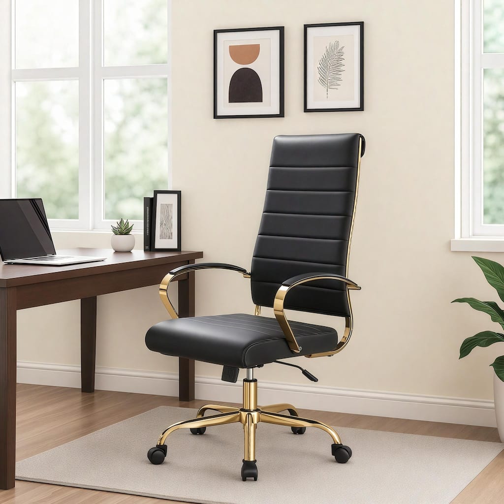 LeisureMod Benmar Ribbed Leather Executive Chair - Modern Gold Frame Swivel & Tilt - Mid-Century Ergonomic Desk Chair