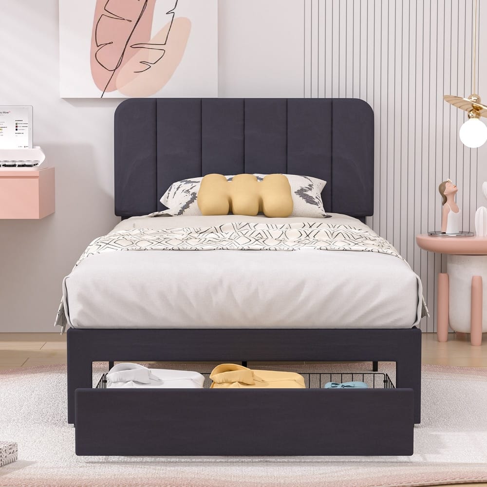 VECELO Bed Frame with 4 Storage Drawers Upholstered Platform Bedframe with Adjustable Headboard