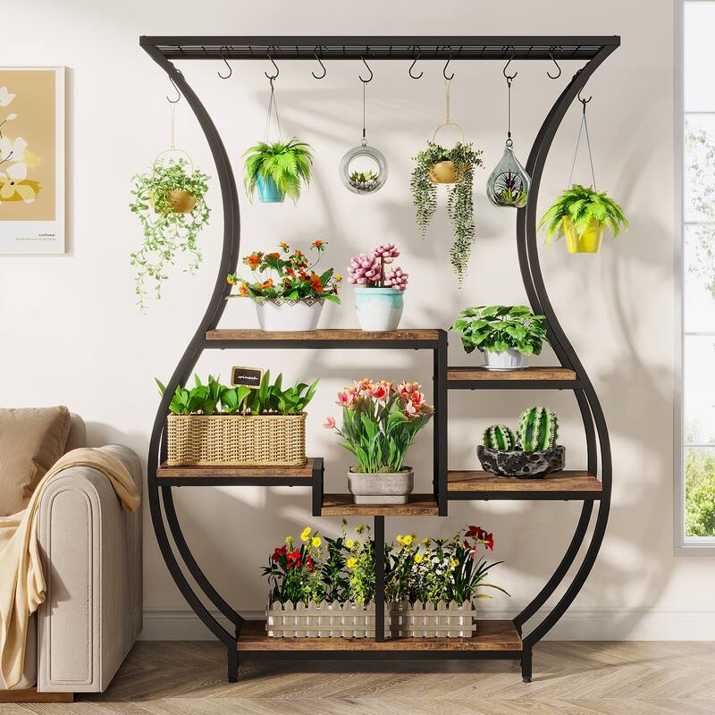 6 Tier Metal Plant Stand, 71 Inch Tall Plant Shelf with 10 Hanging Hooks - 47.2” W*11.8” D*70.9” H