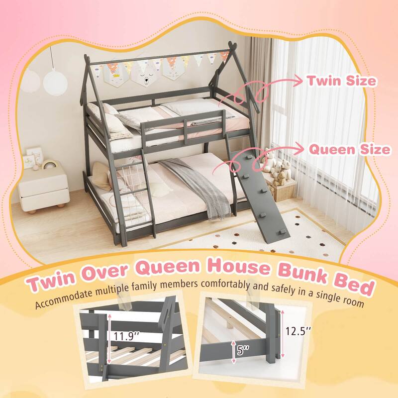 Costway Twin Over Queen Bunk Bed House Shaped Bed Frame with Climbing - See Details